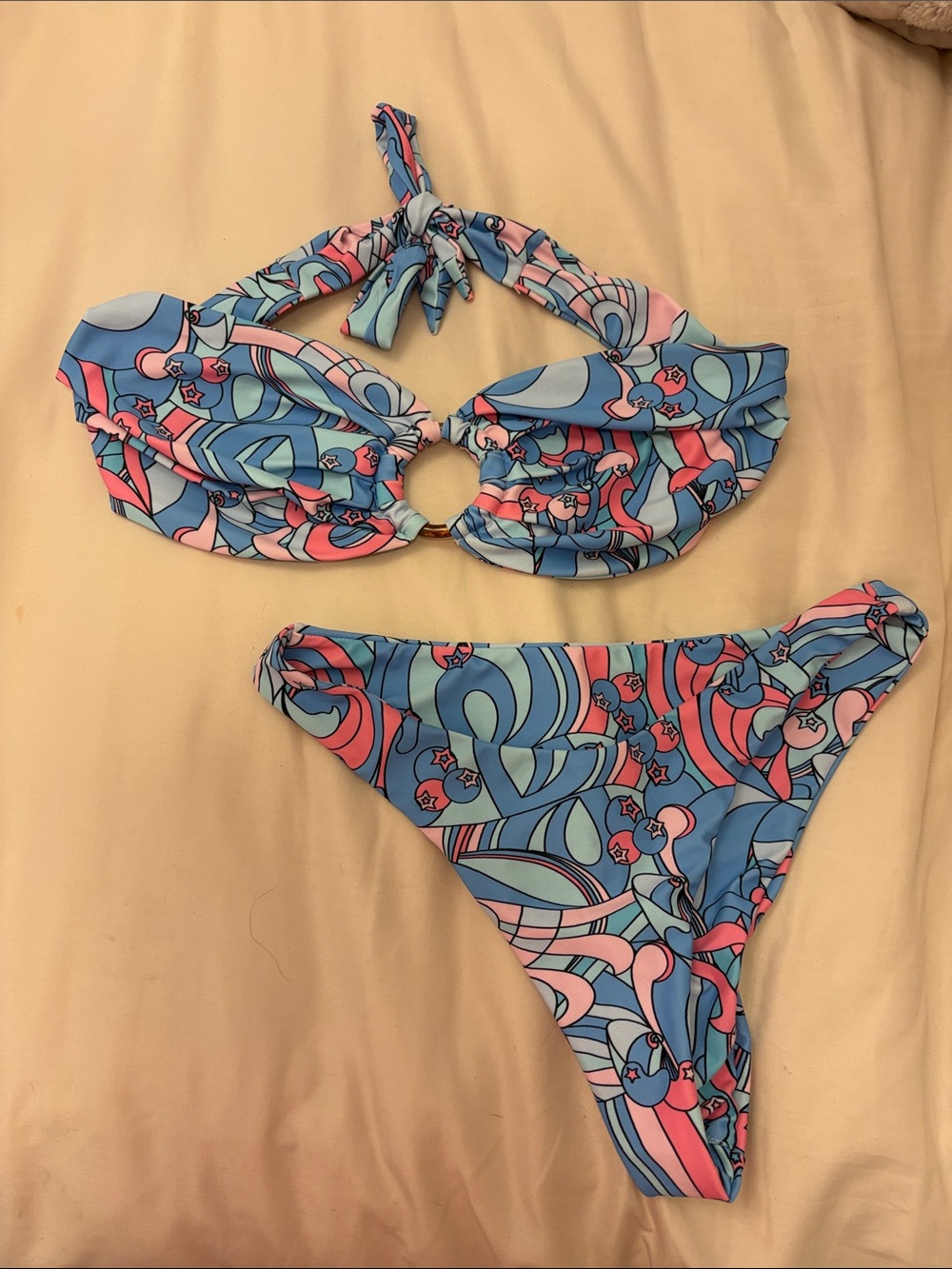 Pink and blue two piece strapless bathing suit